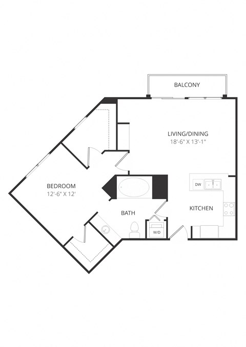 Floor plan for 1 bed, 1 bath, 854 sqft